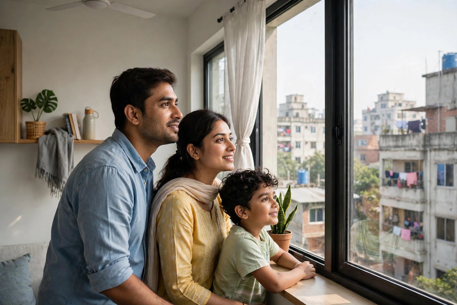 A Bangladeshi family looking out of the window of their new flat