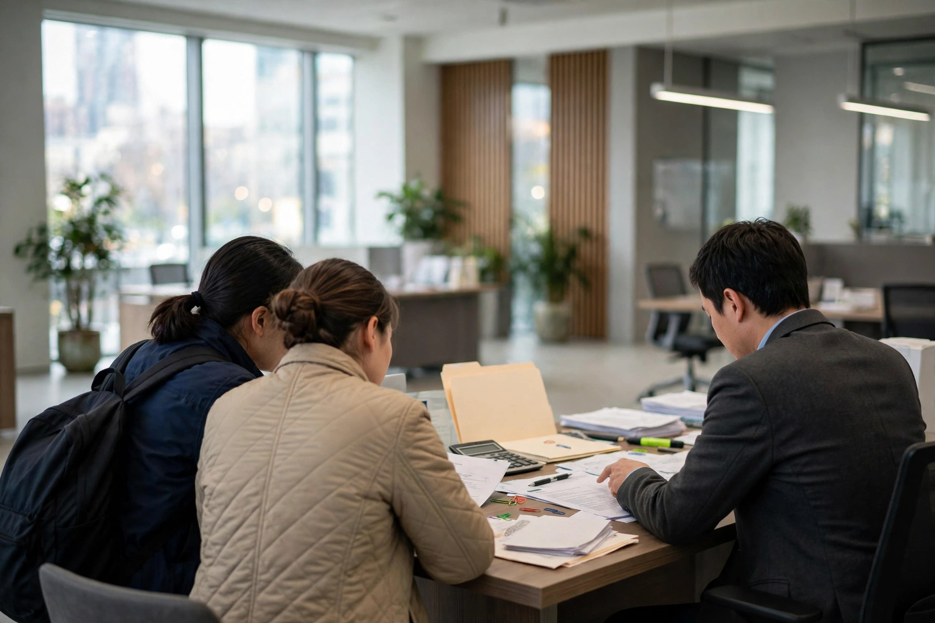 A couple reviewing home-loan documents in a bank office