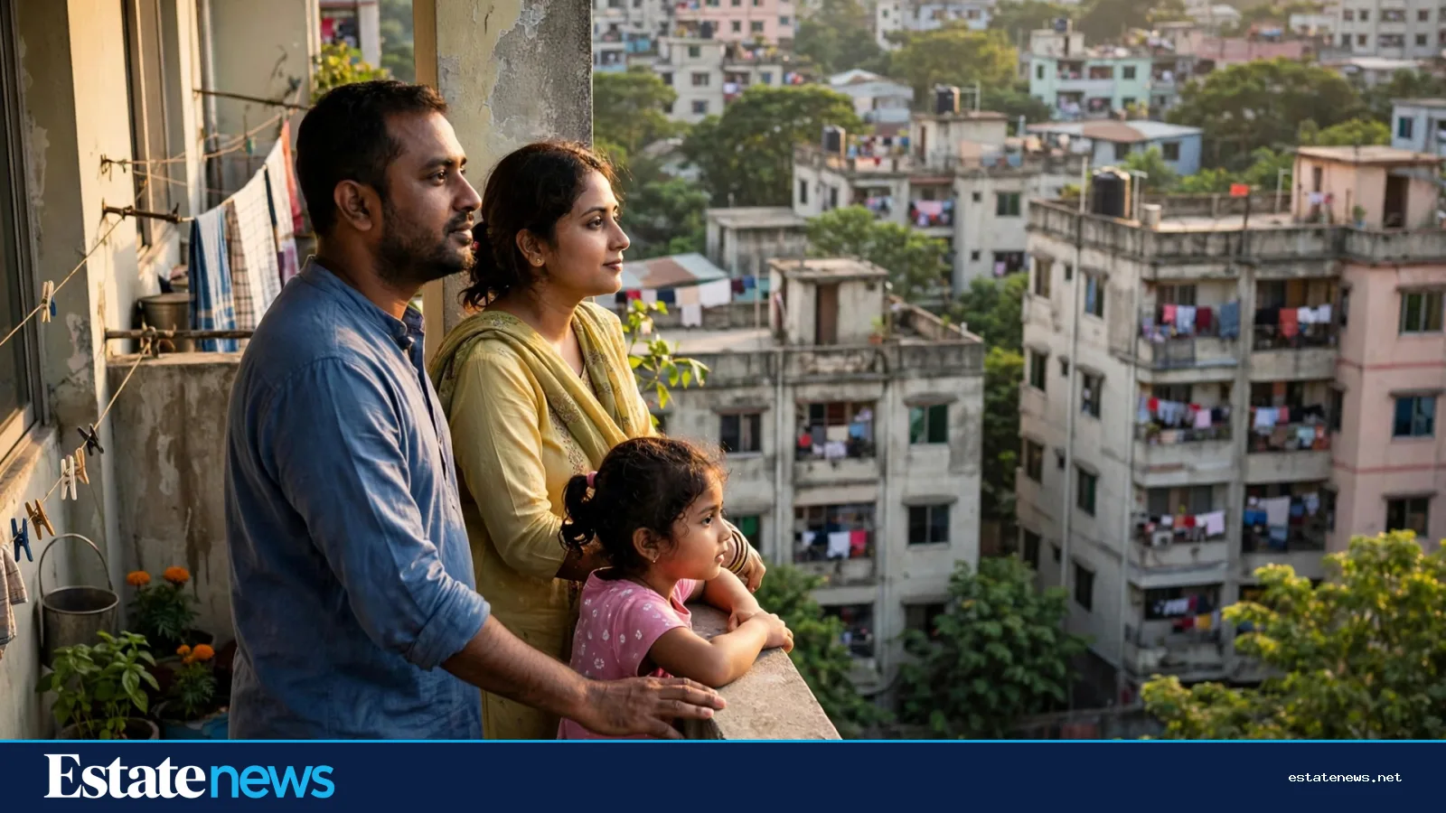 A family standing on the balcony of a mid-rise Dhaka apartment building, looking out over a dense residential neighbourhood in late afternoon light