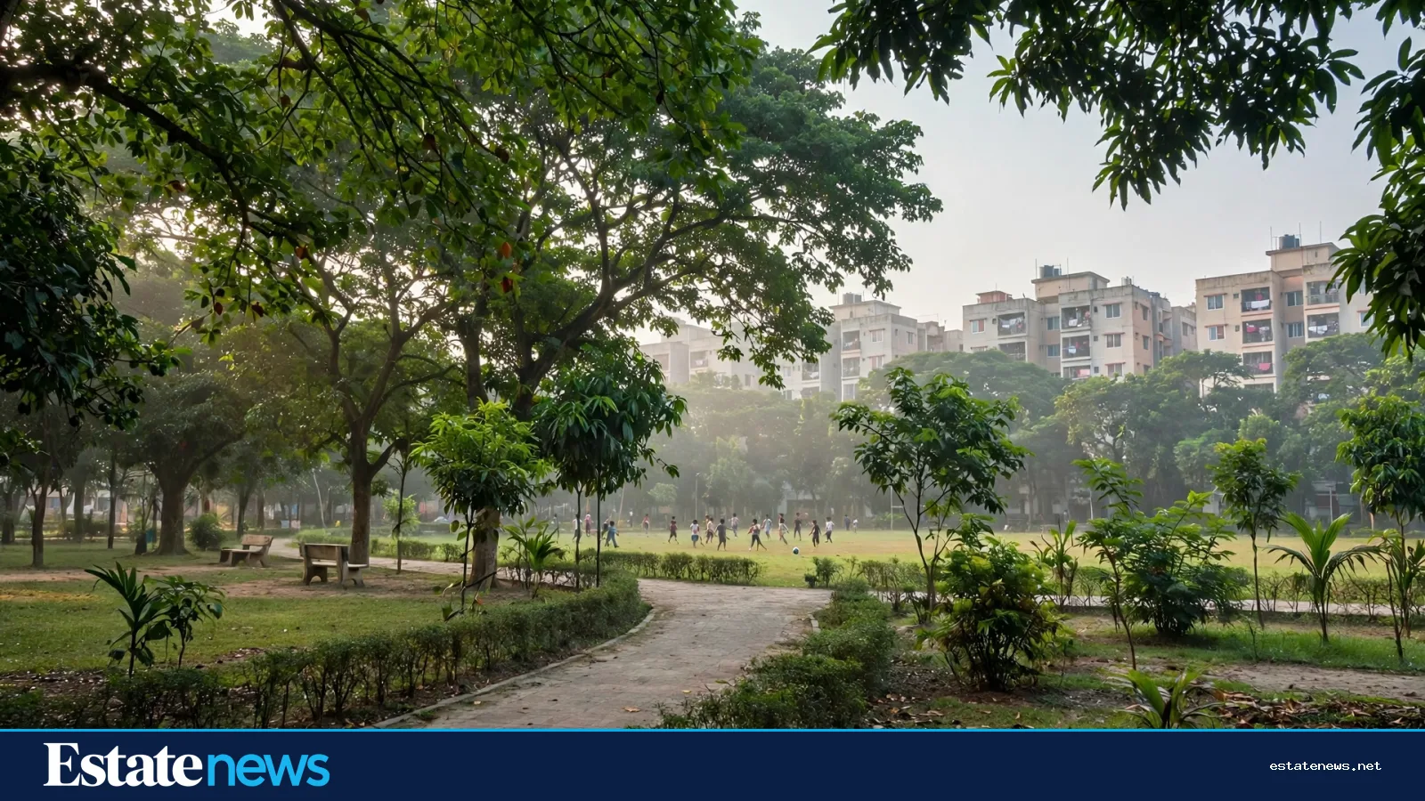 A neighbourhood park in a planned Dhaka residential area in the evening
